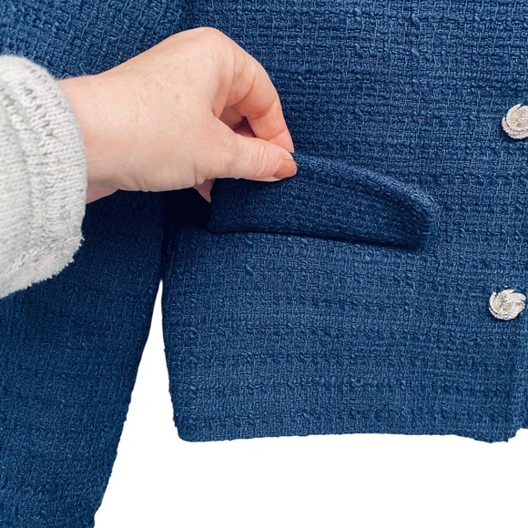 ZARA Blue Textured Cropped Jacket Womens Size S Button Front Jewel Buttons - Picture 10 of 16